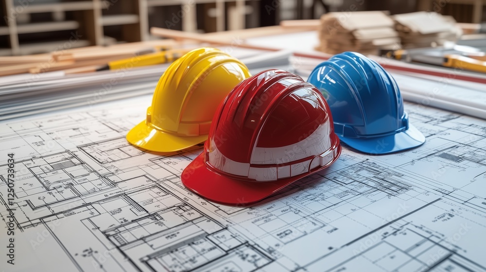 Construction Helmets on Architectural Blueprints Construction Helmets on Architectural Blueprints