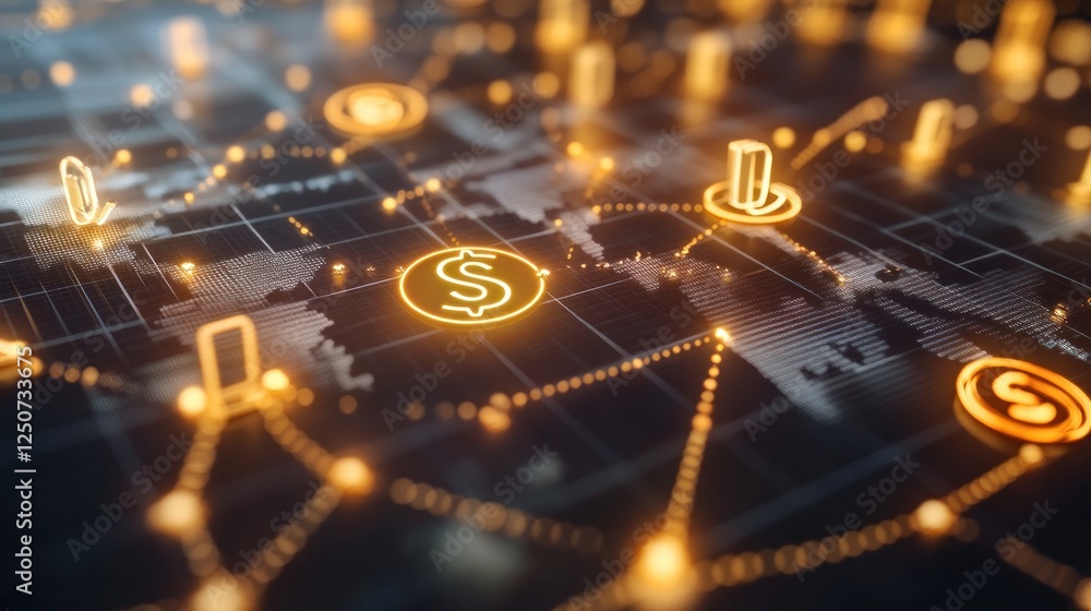 Global Financial Network: Illuminated World Map with Currency Connections Global Financial Network: Illuminated World Map with Currency Connections