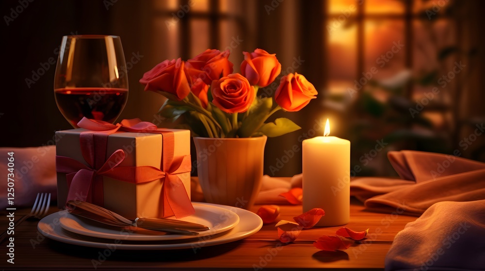 Romantic candlelit dinner setting with a small gift box as the centerpiece creating a cozy intimate atmosphere for a special occasion or Romantic candlelit dinner setting with a small gift box as the centerpiece creating a cozy intimate atmosphere for a special occasion or