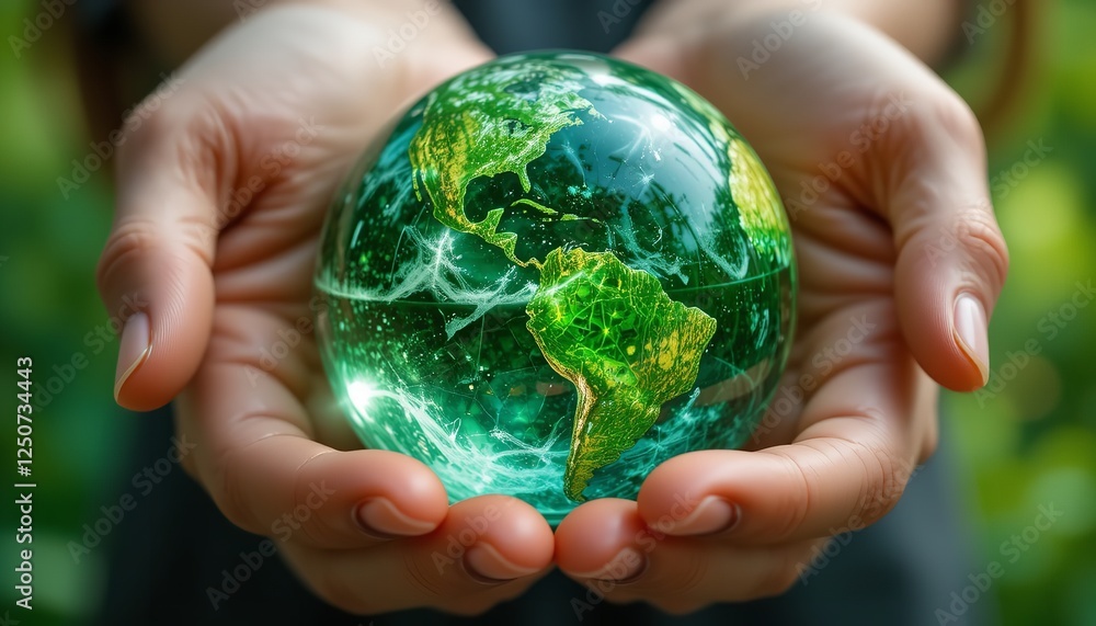 Green Earth Globe Held in Hands Environmental Protection Concept Sustainable Future Global Responsibility Eco Friendly Planet Nature Conservation Green Earth Globe Held in Hands Environmental Protection Concept Sustainable Future Global Responsibility Eco Friendly Planet Nature Conservation