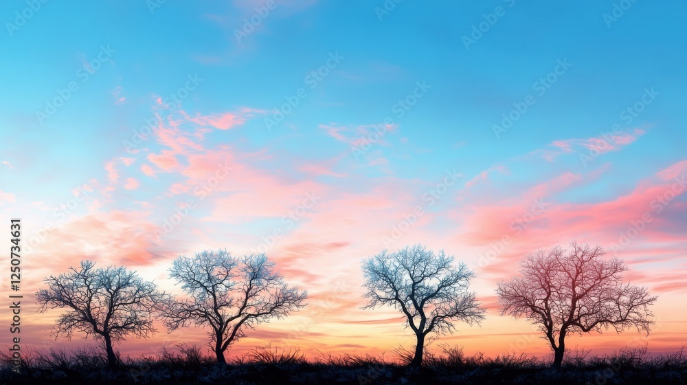 Fototapeta premium Stark silhouettes of glacial trees against twilight hues in winter landscape wide shot capturing nature's beauty