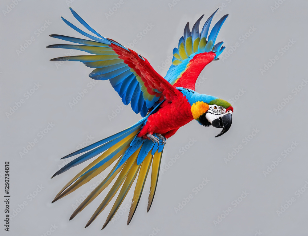 Fototapeta premium Colorful macaw parrot with vibrant feathers on grey background for tropical design