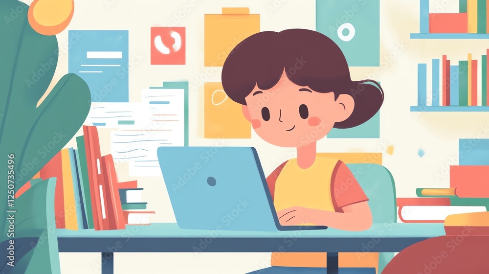 Child using Laptop, Illustration