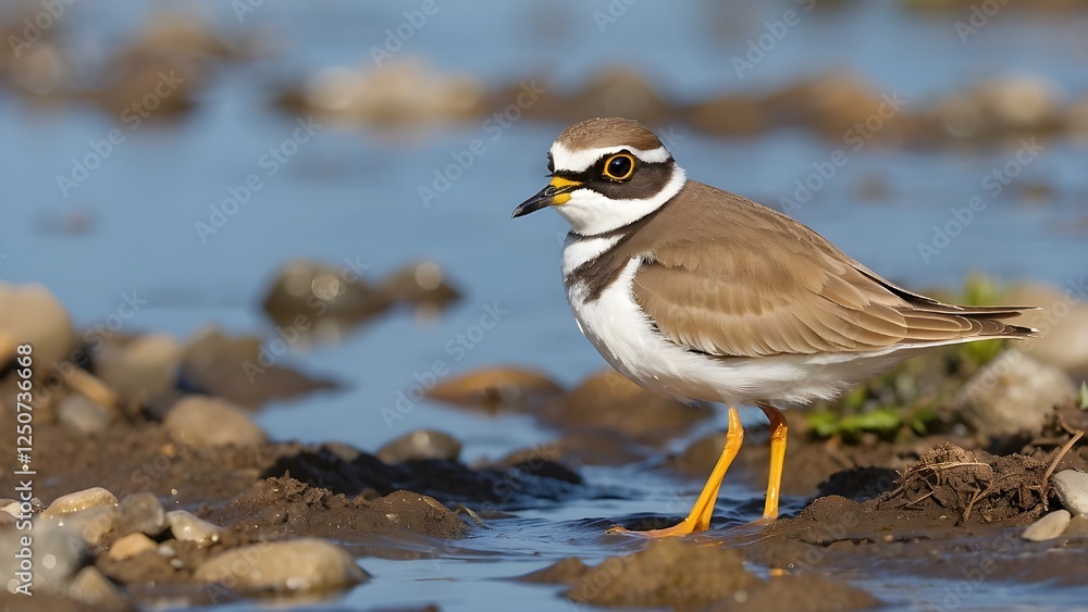 The Little Ringed Plover (Charadrius dubius), Small Wading Bird with Distinctive Yellow Eye-Ring, Found Near Wetlands and Rivers The Little Ringed Plover (Charadrius dubius), Small Wading Bird with Distinctive Yellow Eye-Ring, Found Near Wetlands and Rivers