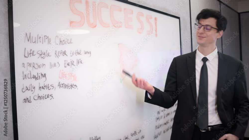 A man in a suit is standing in front of a white board with the word success written on it A man in a suit is standing in front of a white board with the word success written on it
