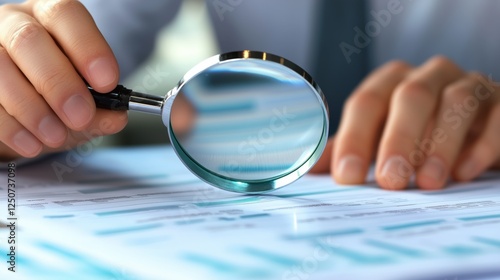 Close examination of financial documents and investment strategies using a magnifying glass