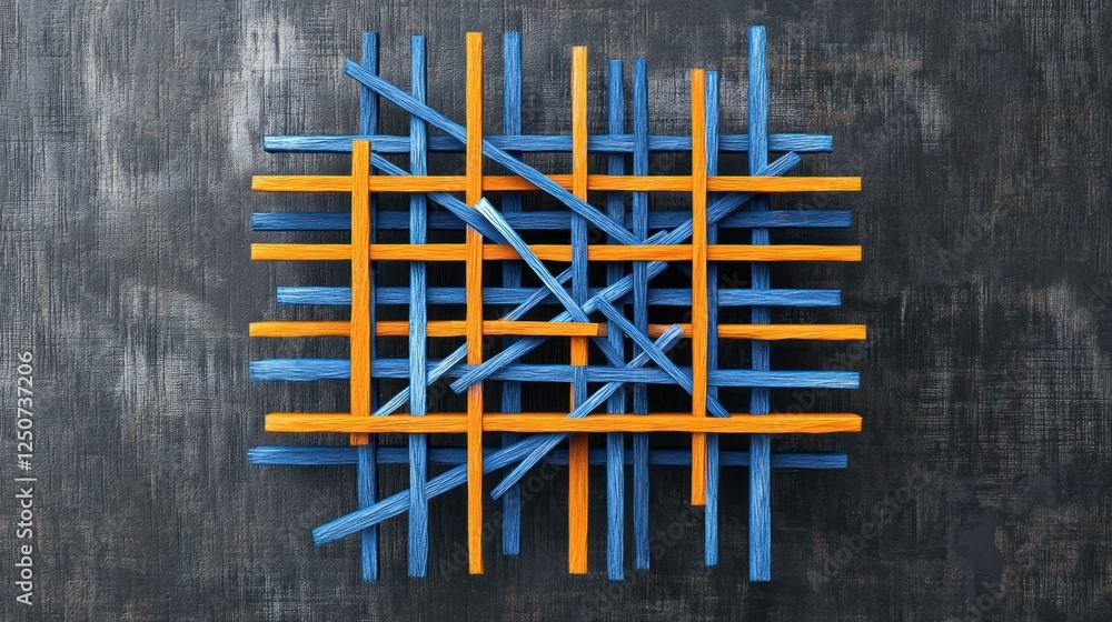 Abstract grid of crisscrossed blue and orange sticks on dark background. Abstract grid of crisscrossed blue and orange sticks on dark background.
