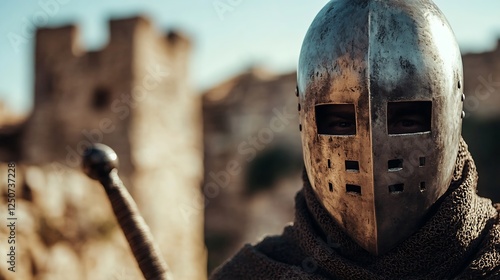 Historical warrior in traditional armor standing strong with a sword in front of an ancient castle backdrop : Generative AI photo