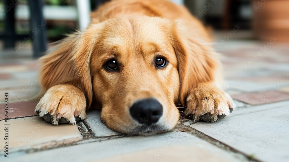 Adorable golden retriever resting on the floor with a sad expression capturing hearts and affection : Generative AI Adorable golden retriever resting on the floor with a sad expression capturing hearts and affection : Generative AI