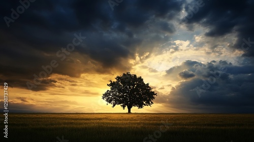 A majestic oak tree silhouetted against a dramatic sunset with stormy clouds on the horizon : Generative AI