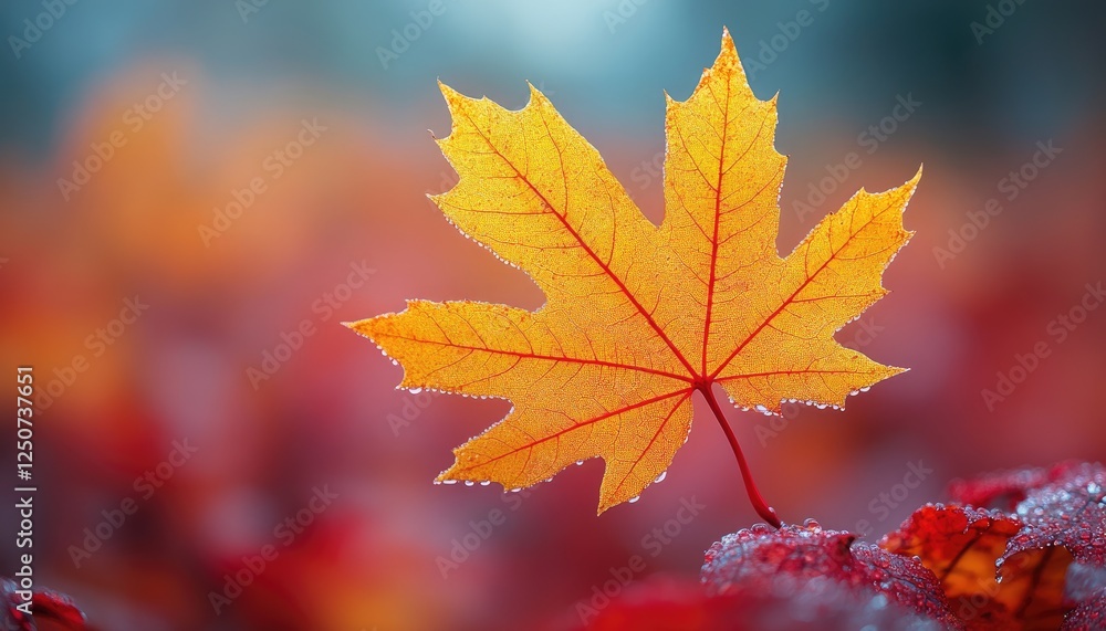 Here's a description for your photo stock: Single autumn maple leaf, vibrant orange-yellow, glistening with dew. Perfect for fall themes, nature blogs, and seasonal designs. Here's a description for your photo stock: Single autumn maple leaf, vibrant orange-yellow, glistening with dew. Perfect for fall themes, nature blogs, and seasonal designs.