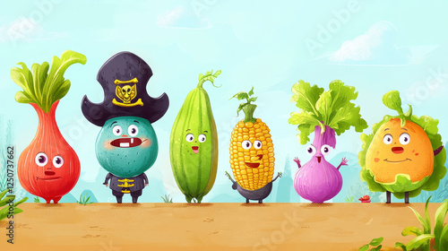 Education timetable schedule cartoon vegetable pirates and corsairs characters. Vector school planner template with potato, corn, radish and bean, olive, mushroom and onion with lettuce personages photo