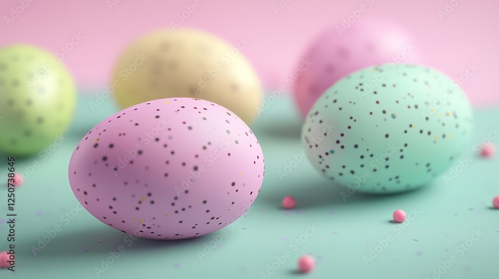 A Symphony of Speckled Pastels: Photorealistic 3D Render of Eggs in Soft Hues A Symphony of Speckled Pastels: Photorealistic 3D Render of Eggs in Soft Hues