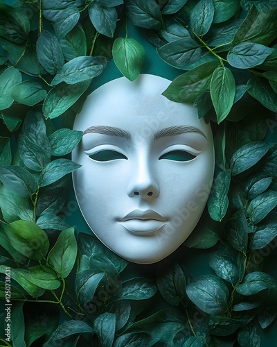 White mask surrounded by lush green leaves symbolizes mystery and tranquility in natural decor photo