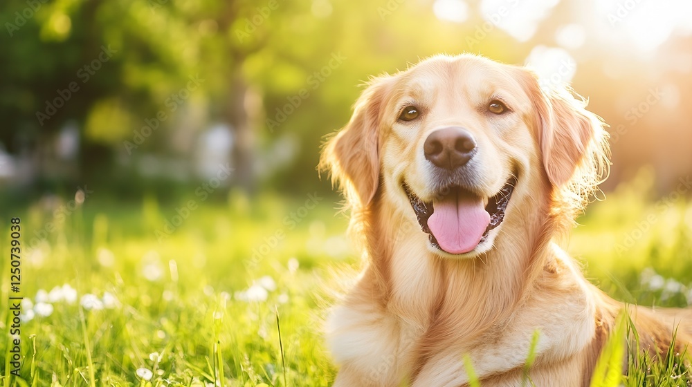 Happy golden retriever dog enjoying a sunny day in a lush green field : Generative AI Happy golden retriever dog enjoying a sunny day in a lush green field : Generative AI