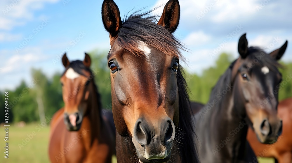 Closeup portrait of a majestic horse gazing intently while other horses roam behind : Generative AI Closeup portrait of a majestic horse gazing intently while other horses roam behind : Generative AI