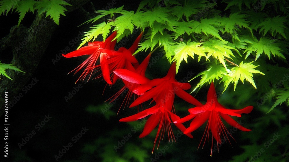 Red flowers hanging, green leaves, dark background, garden, nature photography Red flowers hanging, green leaves, dark background, garden, nature photography