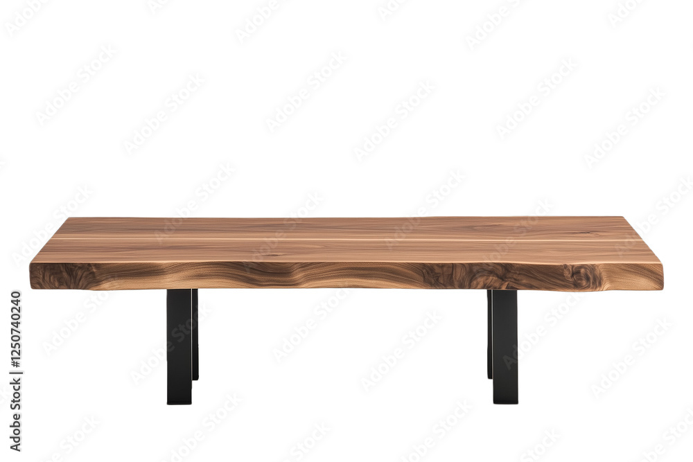 PNG cut out isolated background. A stylish modern live edge wood table with a thick, natural wood slab top and sleek black metal legs.