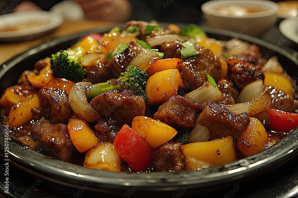 Savory beef cubes with broccoli, bell peppers, and onions in a glossy sauce. Perfect for illustrating delicious Asian cuisine, restaurant menus, or food blogs. Savory beef cubes with broccoli, bell peppers, and onions in a glossy sauce. Perfect for illustrating delicious Asian cuisine, restaurant menus, or food blogs.