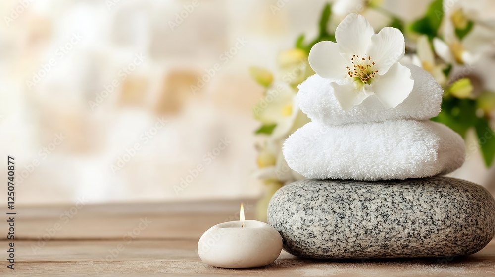 Relaxing Spa Setup with Towels Flowers and Candles for Calm Atmosphere : Generative AI Relaxing Spa Setup with Towels Flowers and Candles for Calm Atmosphere : Generative AI