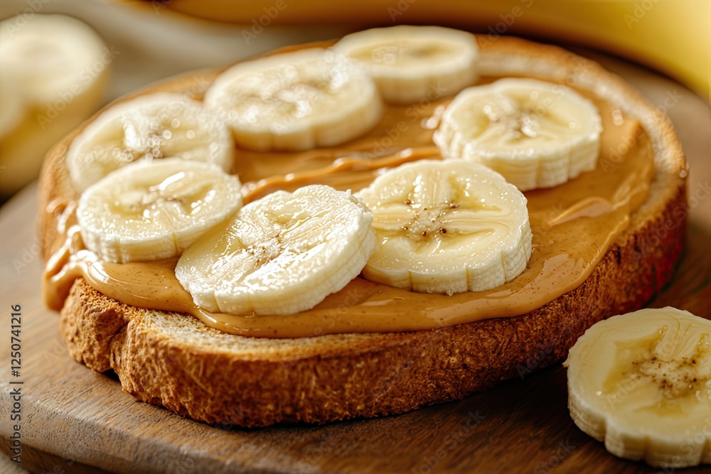Toast with peanut butter and banana slices. Toast with peanut butter and banana slices.