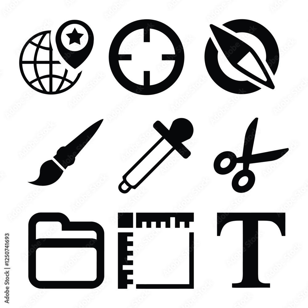 Creative and Technical Icons Set with Paintbrush, Planet, and Microphone