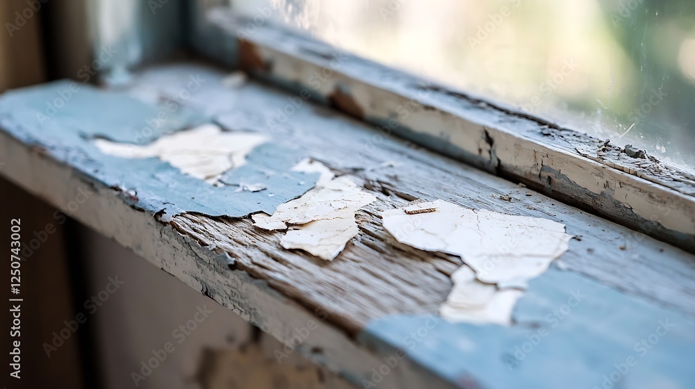 Fototapeta premium Close up of weathered paint peeling from an old wooden window sill in natural light : Generative AI