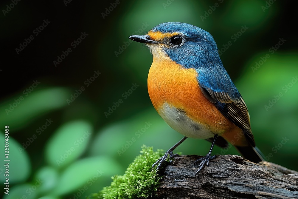 Here's a description for the photo suitable for a microstock website: Vibrant blue and orange bird perched on mossy wood. Perfect for nature, wildlife, or birdwatching projects. Here's a description for the photo suitable for a microstock website: Vibrant blue and orange bird perched on mossy wood. Perfect for nature, wildlife, or birdwatching projects.