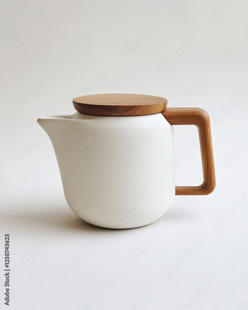 White ceramic teapot with wooden lid and handle. (2) White ceramic teapot with wooden lid and handle. (2)