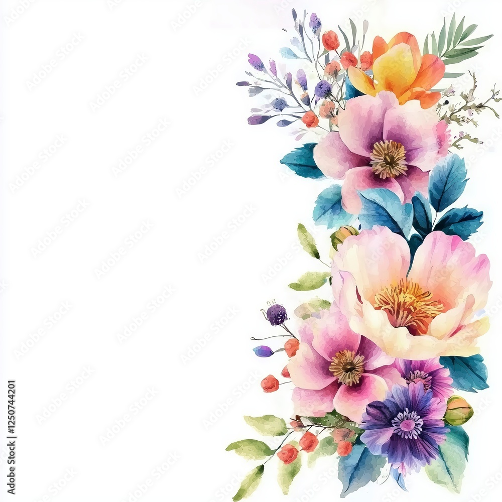 Obraz premium Colorful floral arrangement featuring various blossoms and greenery on a white background.