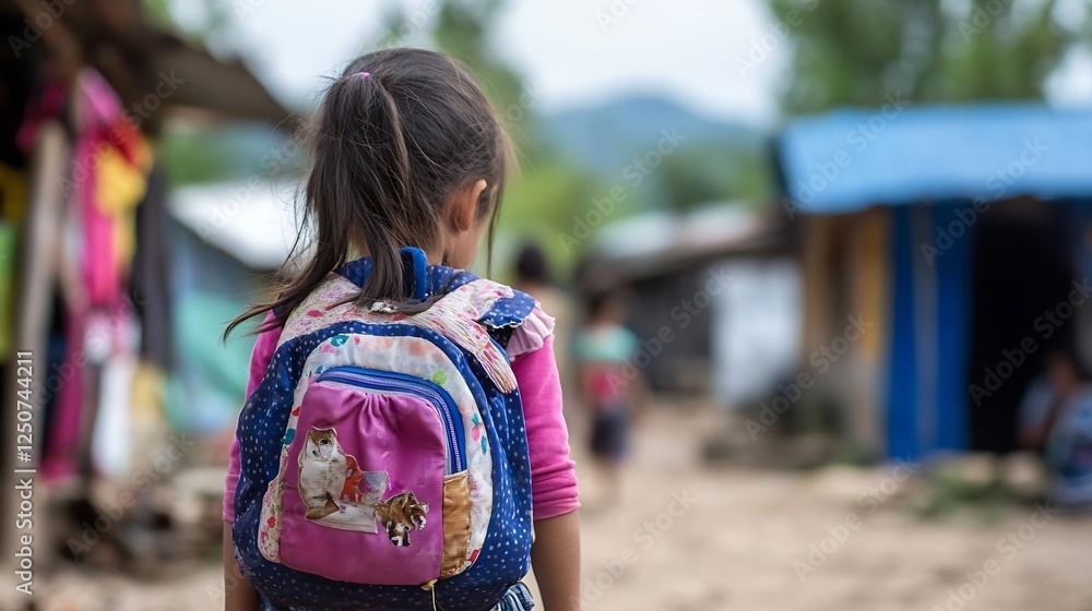 Young girl with backpack walking towards a small village in the countryside during a cloudy day : Generative AI Young girl with backpack walking towards a small village in the countryside during a cloudy day : Generative AI