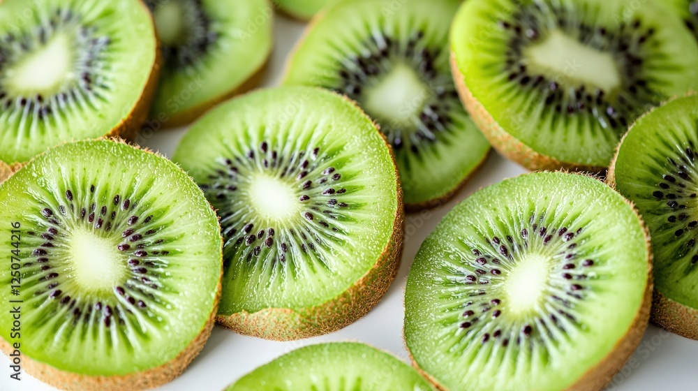 Perfectly sliced kiwi showing vibrant green seeds against the white background. Perfectly sliced kiwi showing vibrant green seeds against the white background.