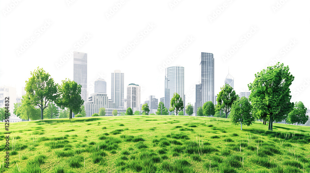 Fototapeta premium A vibrant green grassy field with trees and modern city buildings in the background creates a beautiful contrast. This serene landscape illustrates the harmony between nature and urban life. 