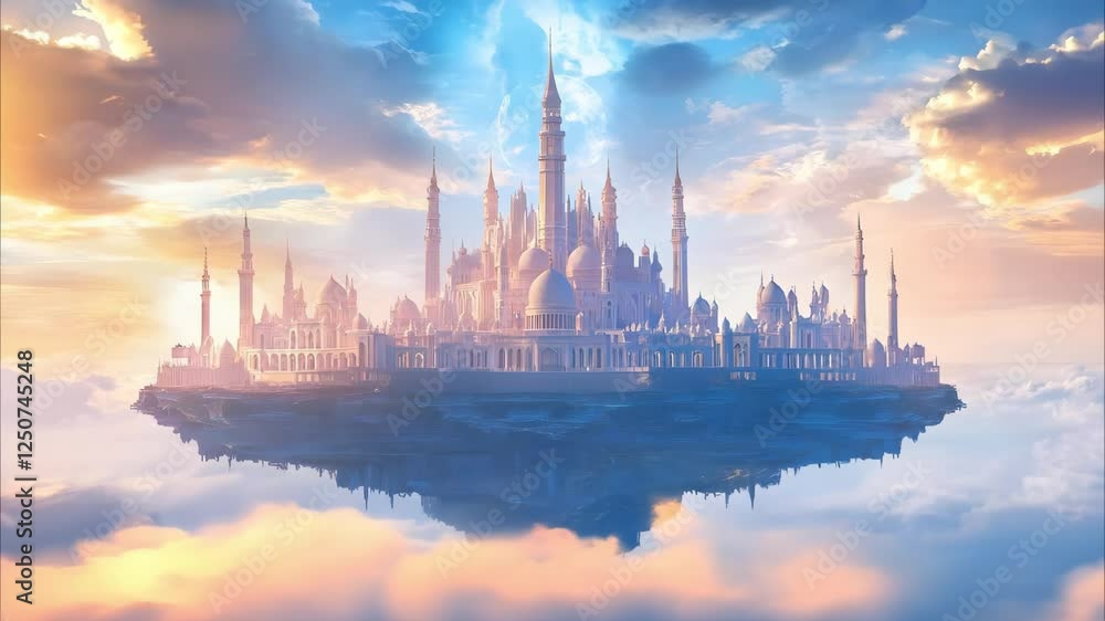 A majestic, floating castle in a vibrant sky with clouds, showcasing towering spires and a magical atmosphere. A majestic, floating castle in a vibrant sky with clouds, showcasing towering spires and a magical atmosphere.