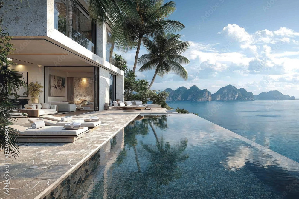 Fototapeta premium Luxury villa with infinity pool overlooking tropical ocean and islands