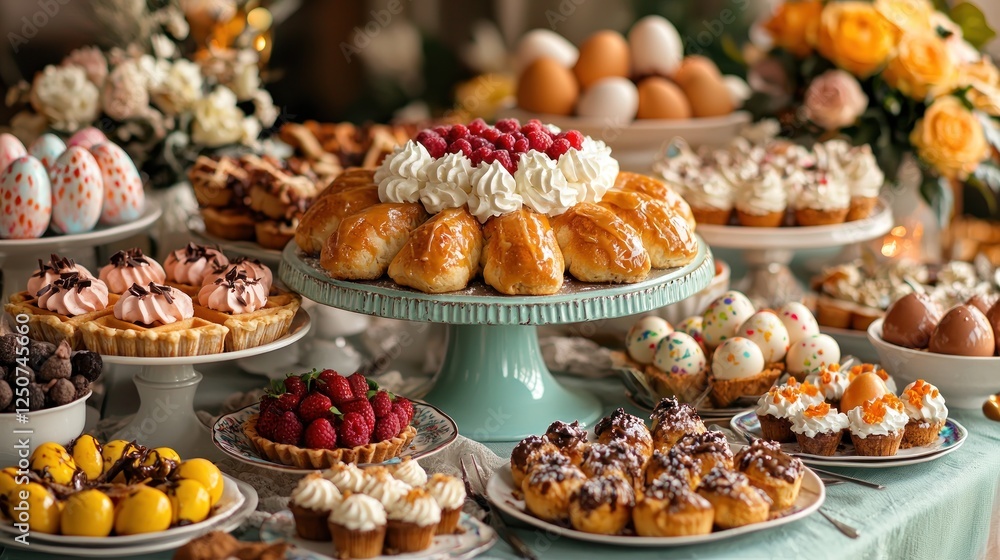 A vibrant display of assorted pastries and desserts on elegant platters at a festive gathering A vibrant display of assorted pastries and desserts on elegant platters at a festive gathering