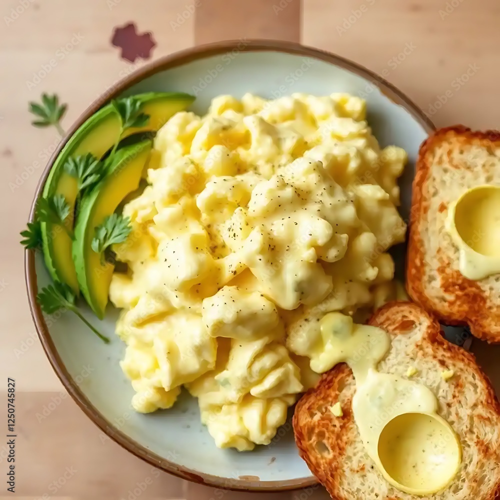 Creamy Scrambled Eggs Served with Avocado and Toast Creamy Scrambled Eggs Served with Avocado and Toast