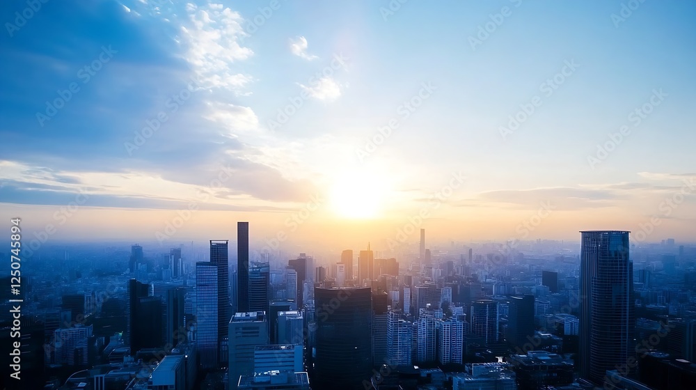 Fototapeta premium Stunning view of a sprawling urban skyline illuminated by the warm hues of a sunset in a bustling city : Generative AI