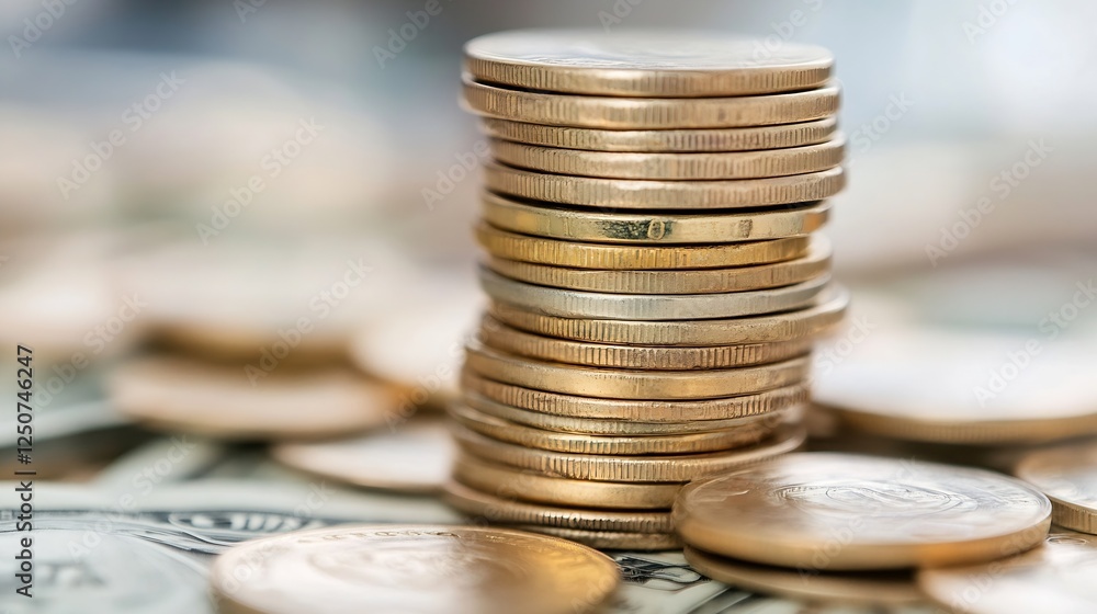 Stacked coins on banknotes representing an increase in financial value and savings : Generative AI