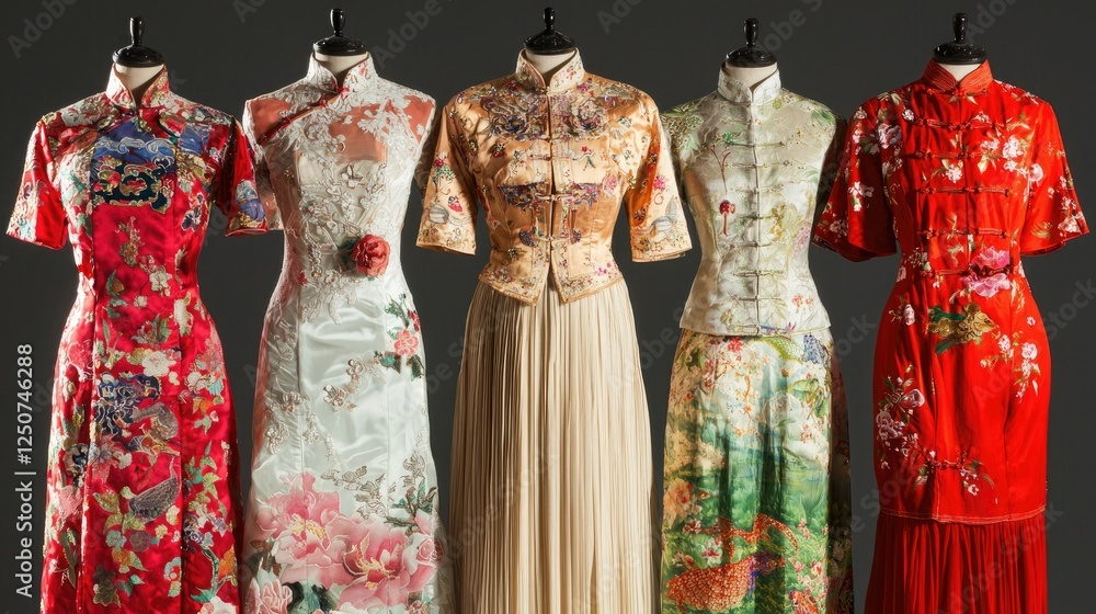 Naklejka premium Elegant Traditional Dresses Displayed on Mannequins in Studio