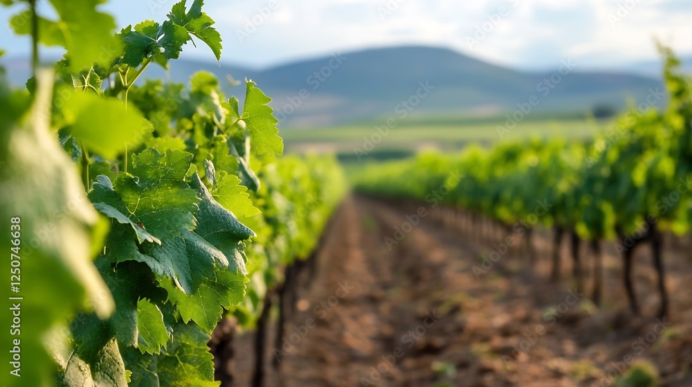 Lush vineyard rows basking in sunlight creating picturesque beauty in rural landscape : Generative AI Lush vineyard rows basking in sunlight creating picturesque beauty in rural landscape : Generative AI