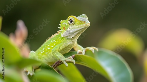 Wallpaper Mural Vibrant Green Lizard Perched on Leaf in Nature Surrounded by Lush Vegetation Showing Wildlife : Generative AI Torontodigital.ca
