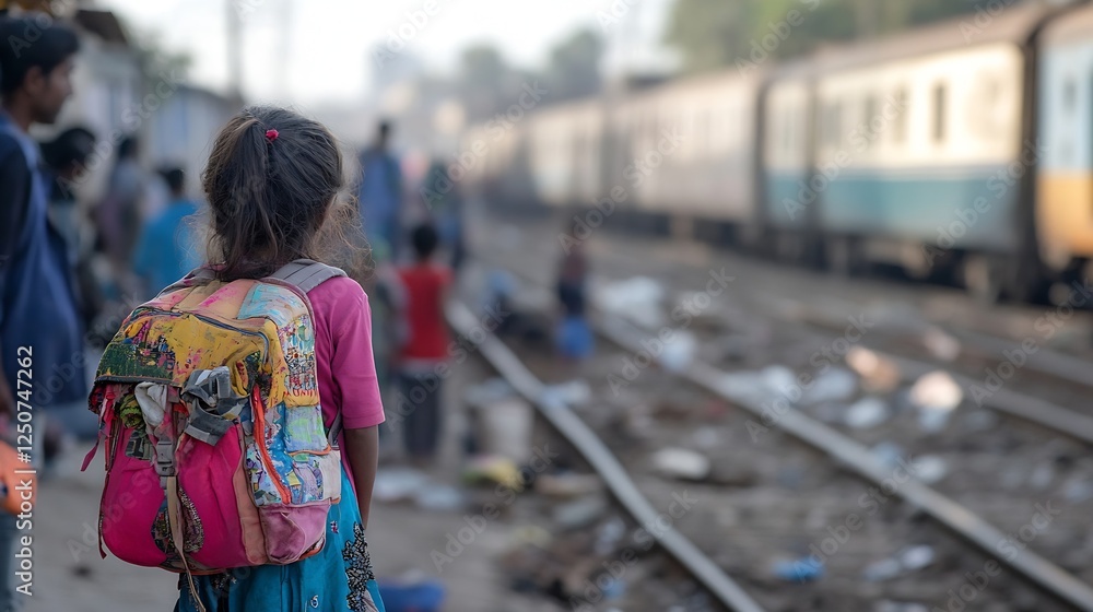A young girl with a colorful backpack waiting at a busy railway station surrounded by commuters and trains : Generative AI