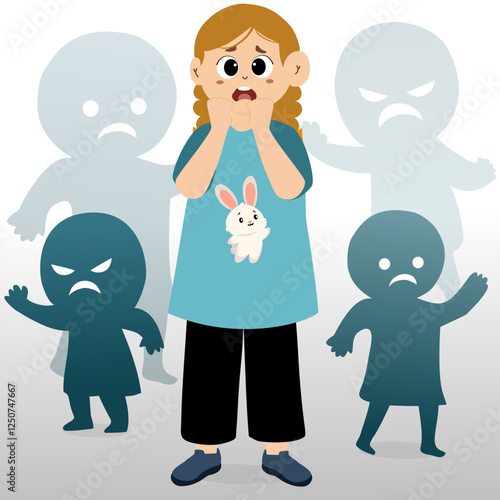 Concept of children's fears. Scared child cartoon character standing with ghost shadow. Depressed childern crying, and covering his face, suffers from bullying. Stop violence Concept. Vector