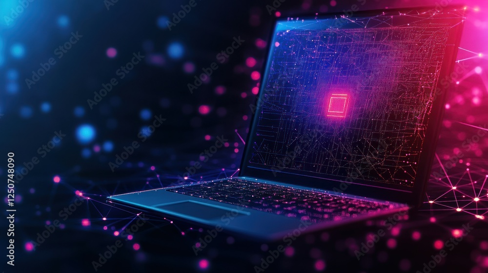Futuristic laptop with digital glitch effect and network connections. Futuristic laptop with digital glitch effect and network connections.