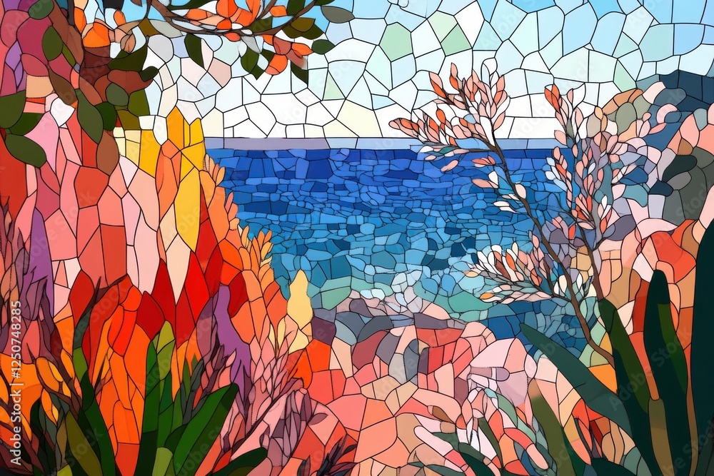 Obraz premium Vibrant minimalistic mosaic art depicting mediterranean coastal scenery