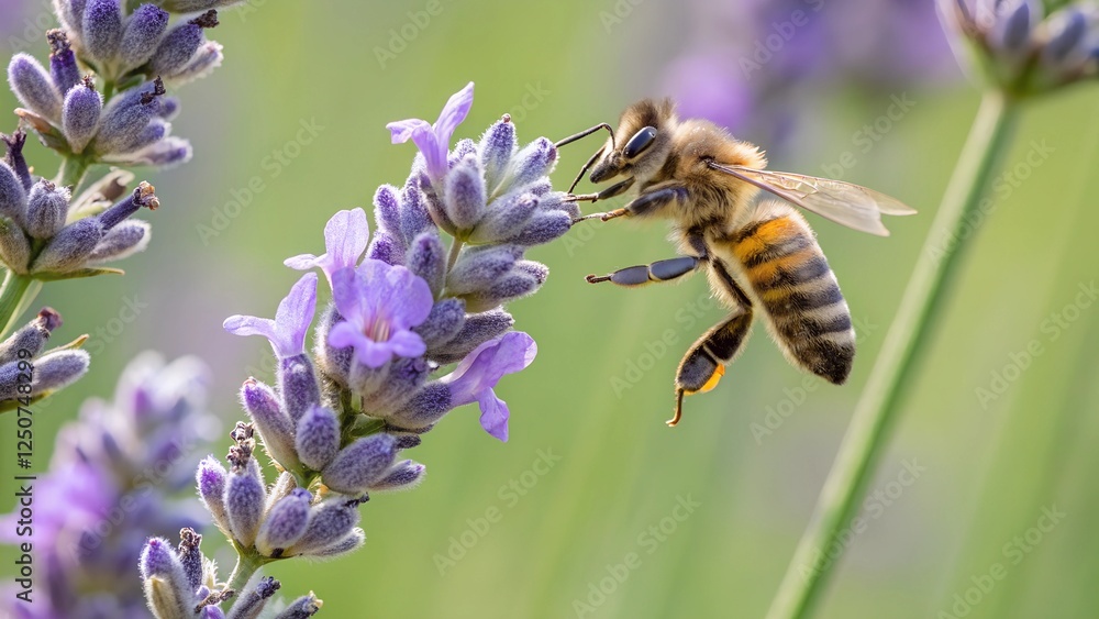 Bee on Lavender: A honeybee in flight, delicately hovering over a vibrant lavender blossom, its legs dusted with pollen. Bee on Lavender: A honeybee in flight, delicately hovering over a vibrant lavender blossom, its legs dusted with pollen.
