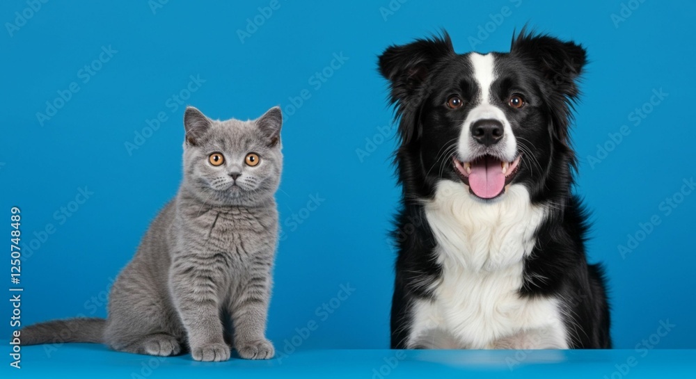 British Shorthair cat kitten and a border collie dog with happy expression together on blue background, banner, looking at the camera
British Shorthair cat kitten and a border collie dog with happy expression together on blue background, banner, looking at the camera
