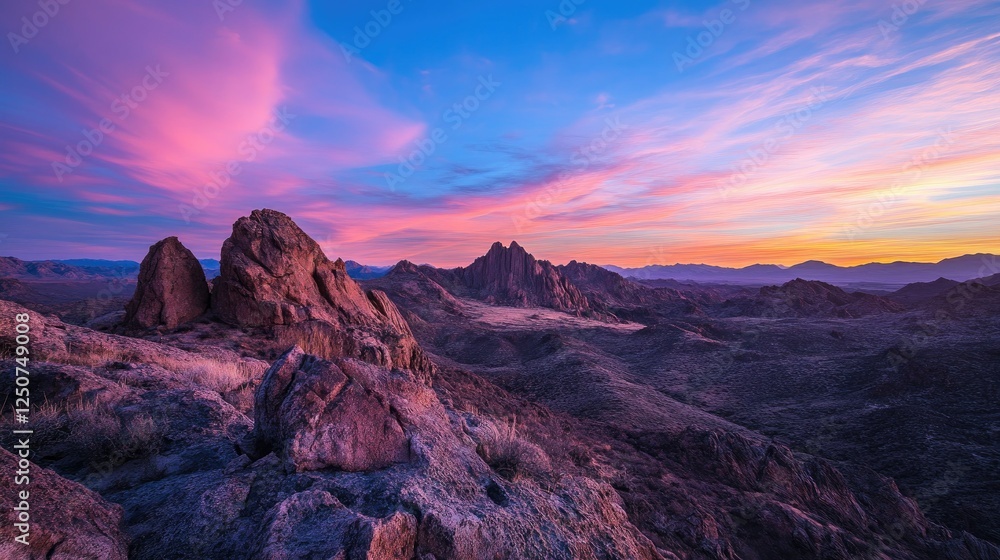 Fototapeta premium A stunning desert view with rugged rocks glowing under the last light of a colorful pink and blue sky.