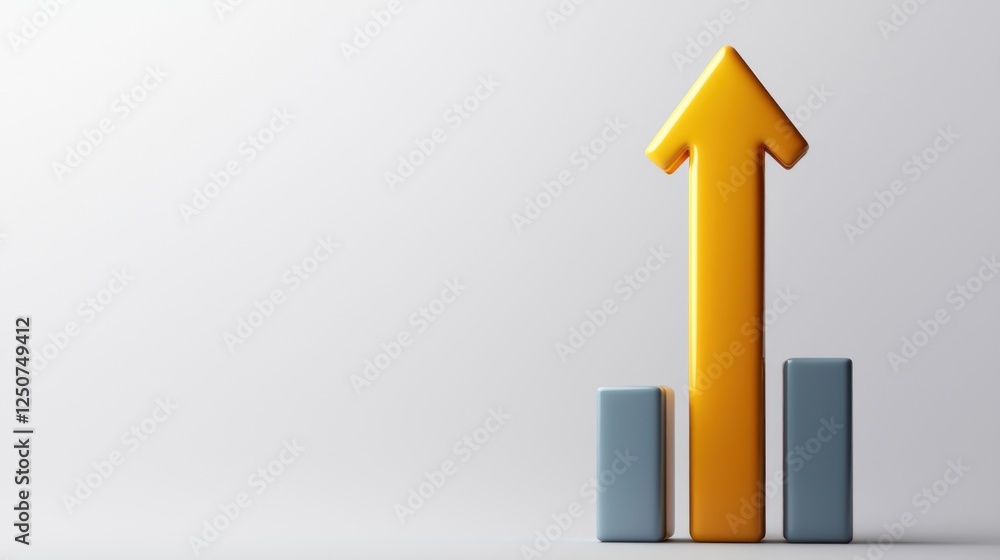 3D upward arrow representing growth alongside two blue bars on a clean background 3D upward arrow representing growth alongside two blue bars on a clean background